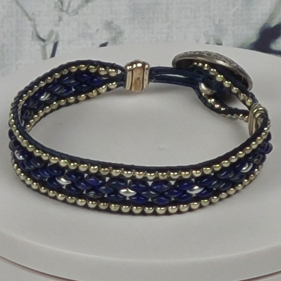 Blue & Silver Bead & Leather Bracelet - Picture 3 of 6